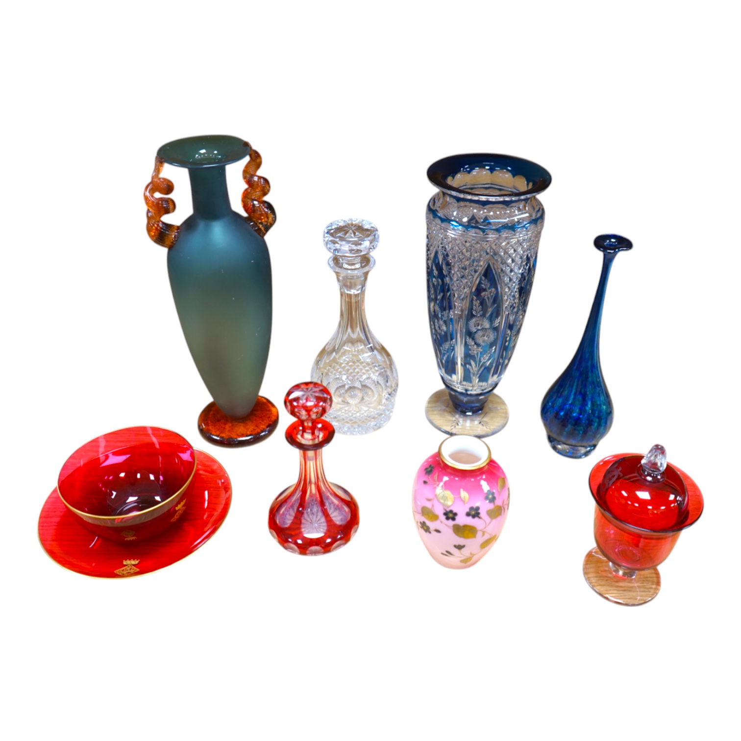 A collection of mixed 19th/20th century coloured glassware, to include a monogrammed cranberry bowl and plate, a flashed glass vase and a small opaque floral vase, largest 34cm high. Condition - fair to good